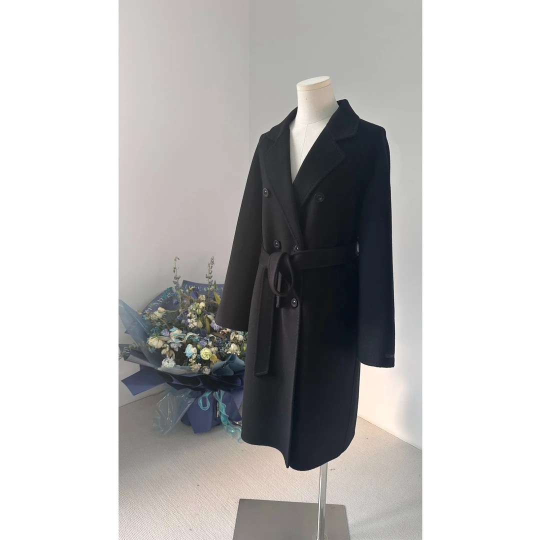 气质优雅双面含羊绒大衣时尚女士黑色毛呢中长款设计师双面呢秋冬