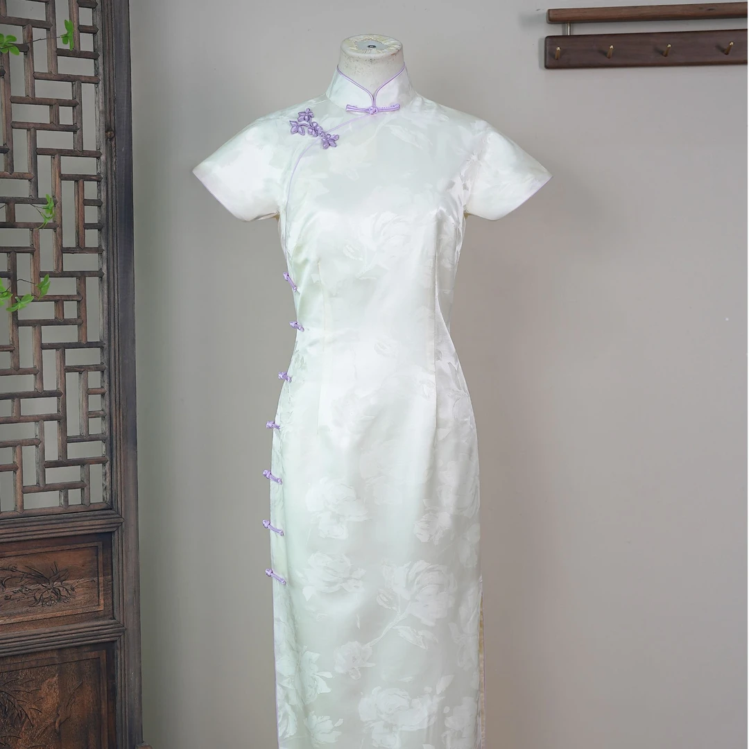 【皓月】新款日常气质高级感全开襟连肩三分袖旗袍长度130左右