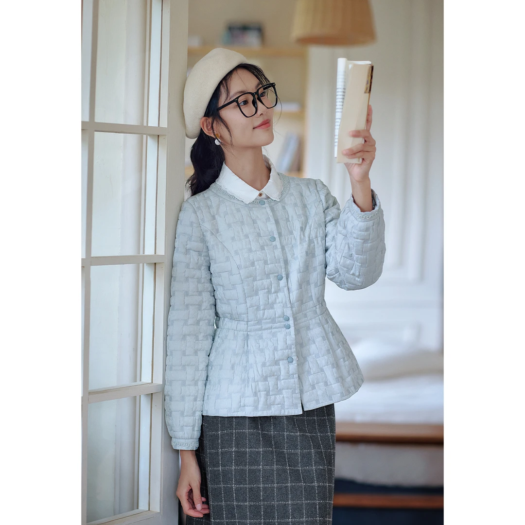 红念蓝色小香风棉服外套女短款小个子修身设计感2025短款棉服女款