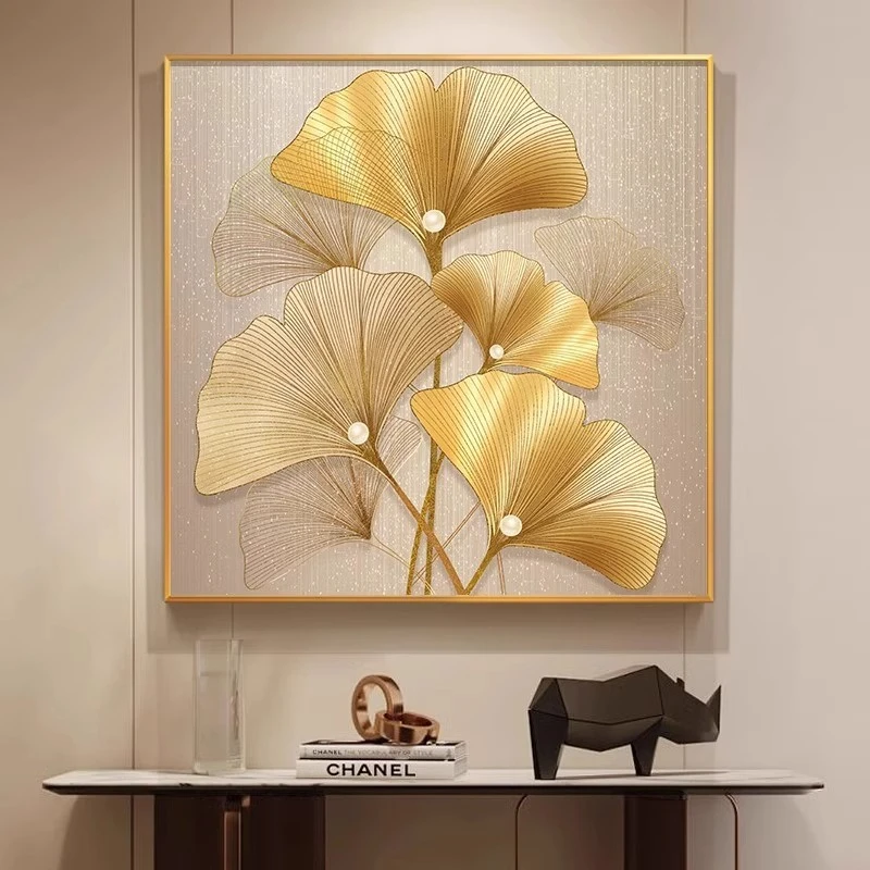 轻奢银杏叶玄关装饰画高档新中式餐厅挂画寓意好家大业大入户画