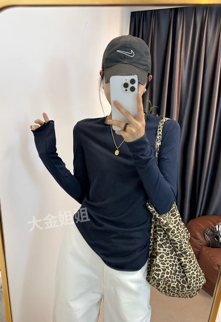 【YD】春夏长袖t薄款简约罩衫女套头修身上衣7621纯色