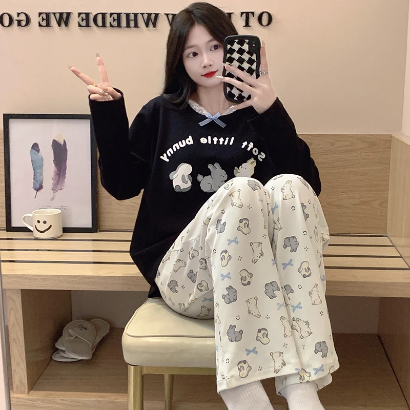 睡衣女春秋款带胸垫卡通可爱圆领秋冬季学生可外穿长袖家居服套装