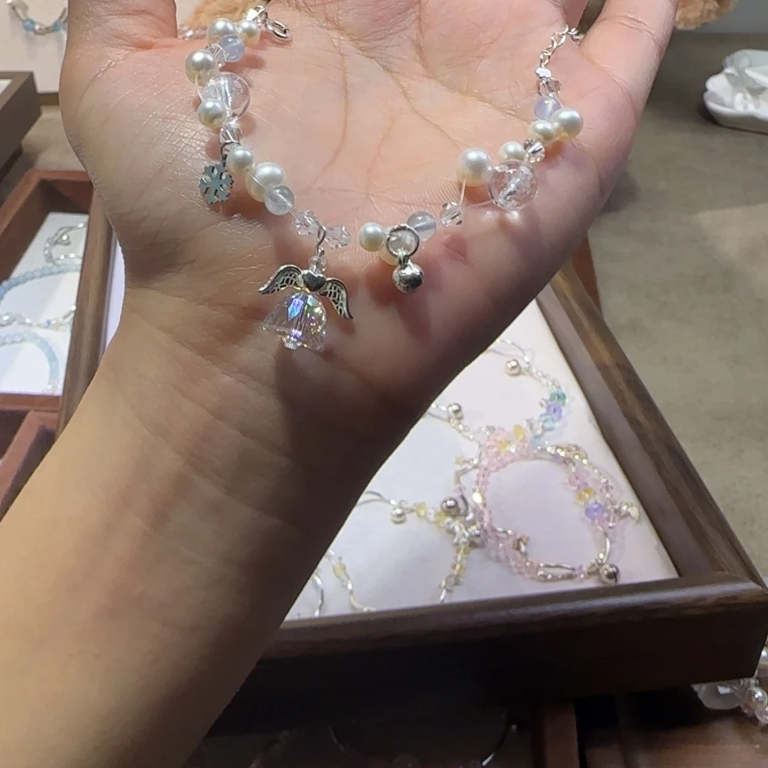 银S925镶嵌烟晶手链天使铃铛