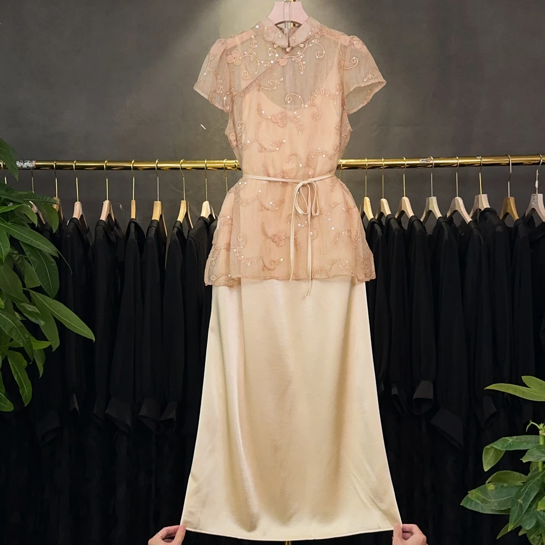 【郑二哥专属】短袖重工女装长裙时尚套装礼服国风提花HDZW672007