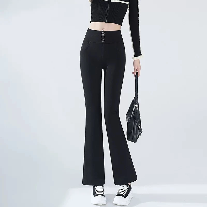 妮妮家2507春季新品高腰显瘦三粒扣喇叭芭比裤