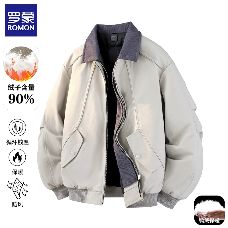 Romon/罗蒙美式假两件翻领羽绒服外套男秋冬新款百搭保暖休闲夹克