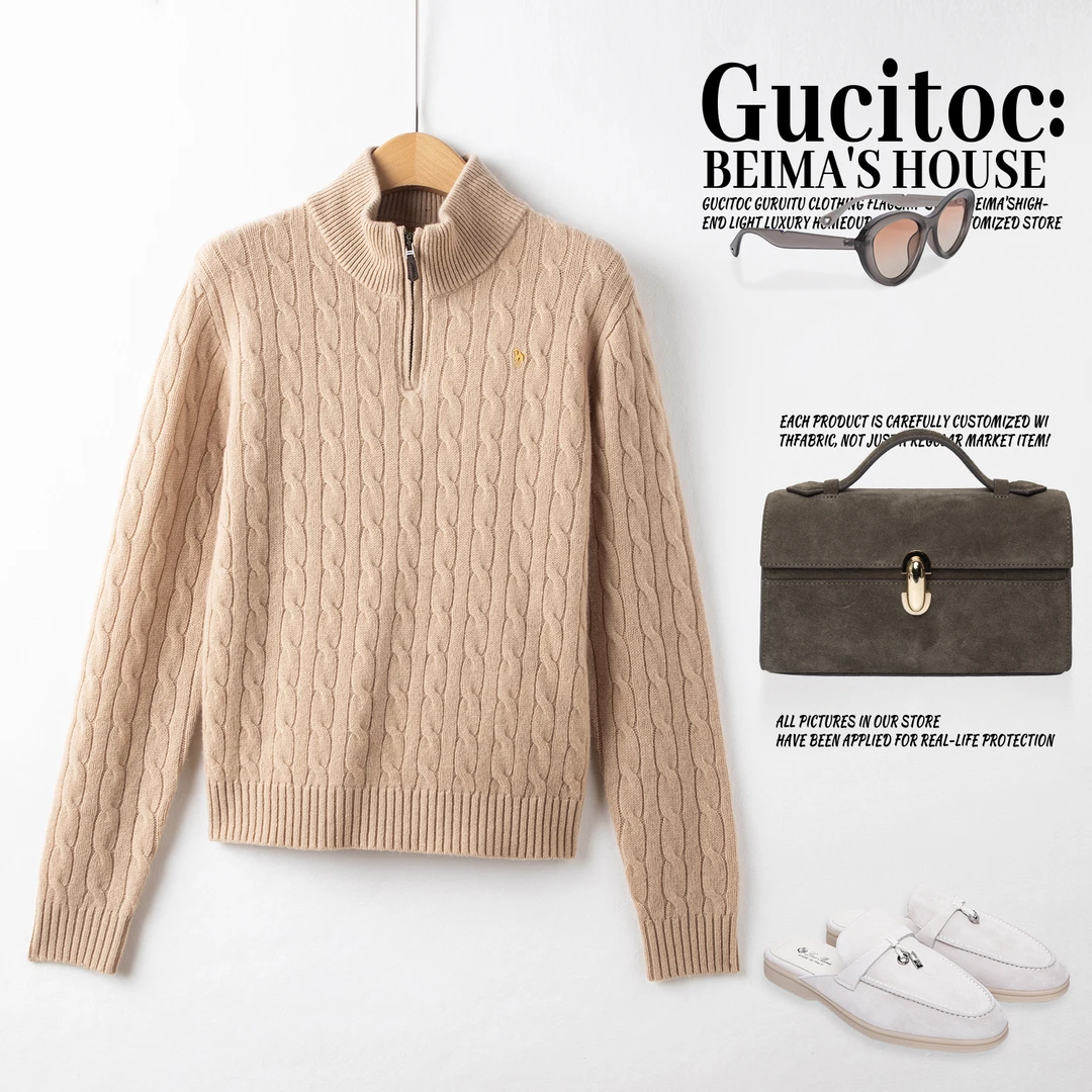 老钱女孩！美式复古刺绣半拉链毛衣女25秋冬新款显瘦麻花针织衫