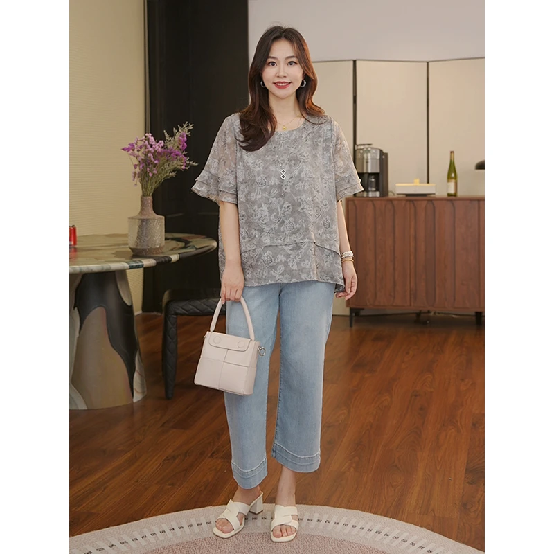 【猫猫】深海繁花 喇叭袖提花拼接衬衫夏季薄款洋气显瘦上衣 MC5849