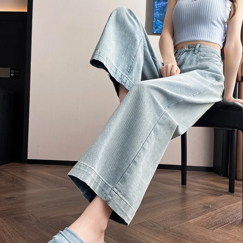 薄款直筒牛仔裤女春夏季薄新款小个子高腰宽松显瘦窄版阔腿裤子