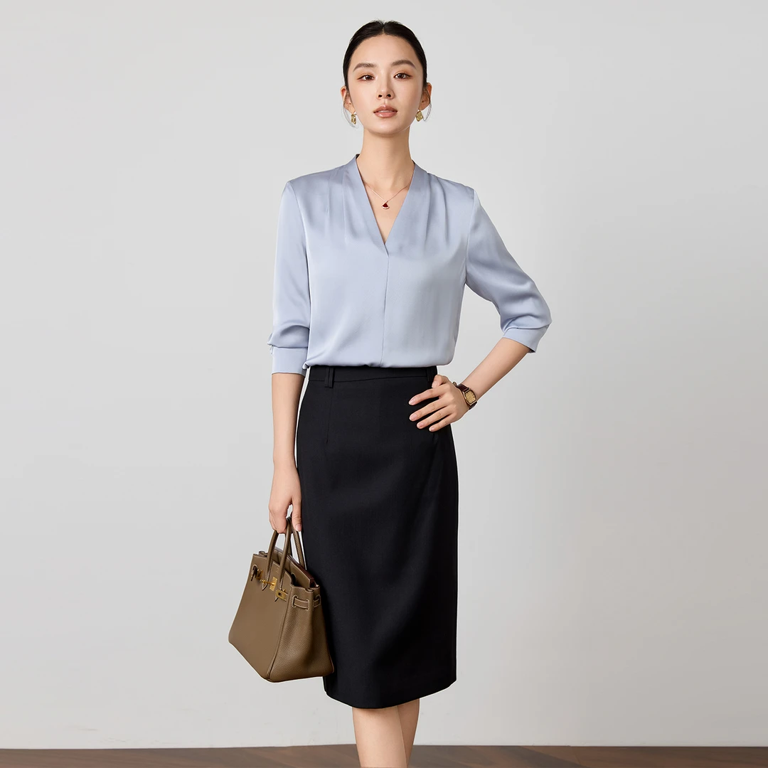 春秋冬新灰蓝色轻熟通勤风V领长袖衬衫内搭职业上衣气质衬衣正装