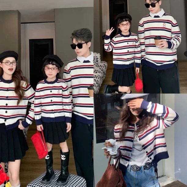 小月龄亲子装一家三口四口毛衣2025秋冬新款条纹拍照母子母女装潮