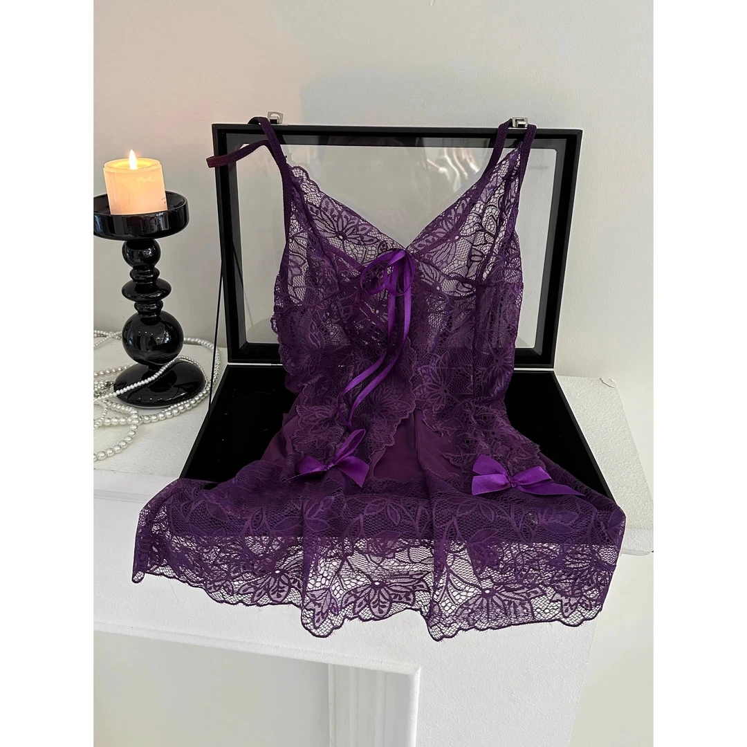 Xunmi/浔觅润丝 韵味紫蕾丝绑带性感居家睡裙-1589