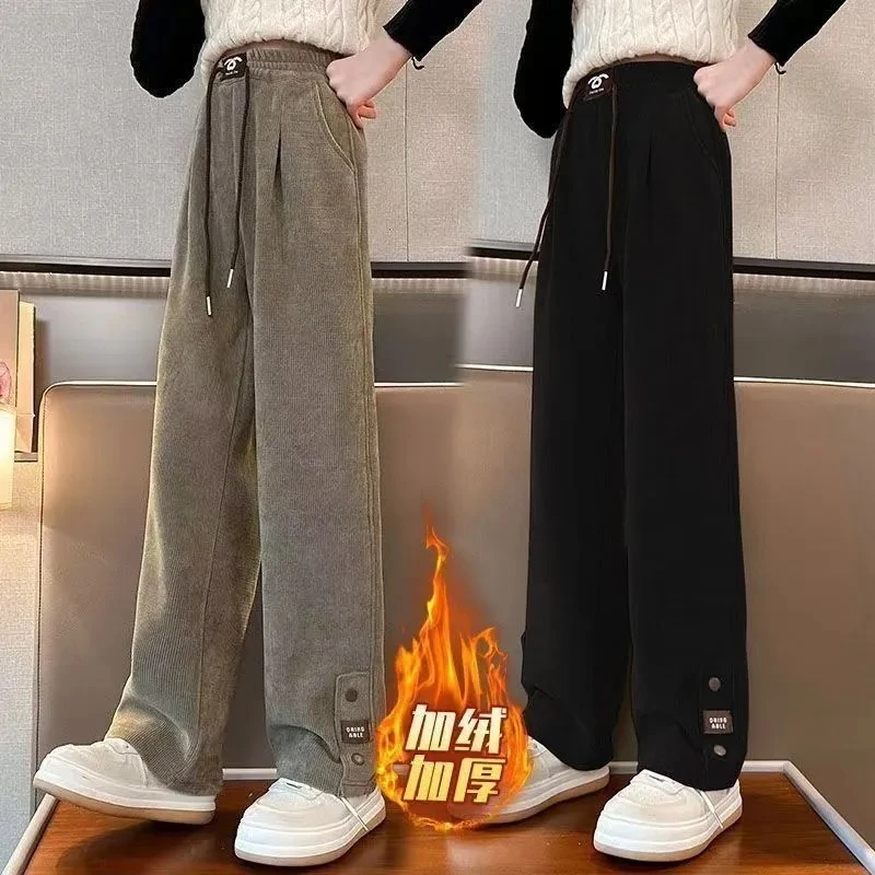 女童加绒裤子秋冬款2026款儿童洋气时髦直筒裤中大童灯芯绒直筒裤