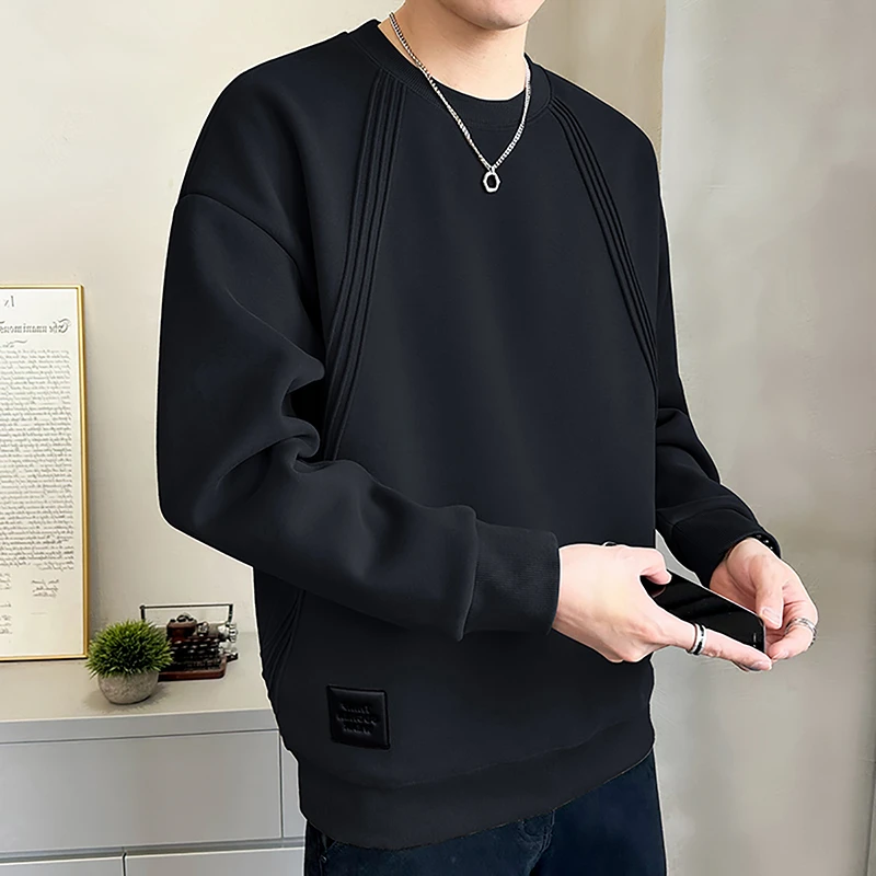 韩版圆领卫衣男士春秋款2025新款潮T恤设计感打底衫男款长袖上衣