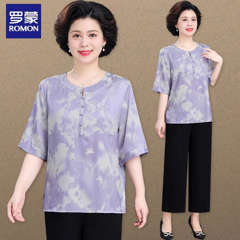 罗蒙妈妈雪纺衬衫洋气中老年女夏装套装新中式国风宽松上衣两件套