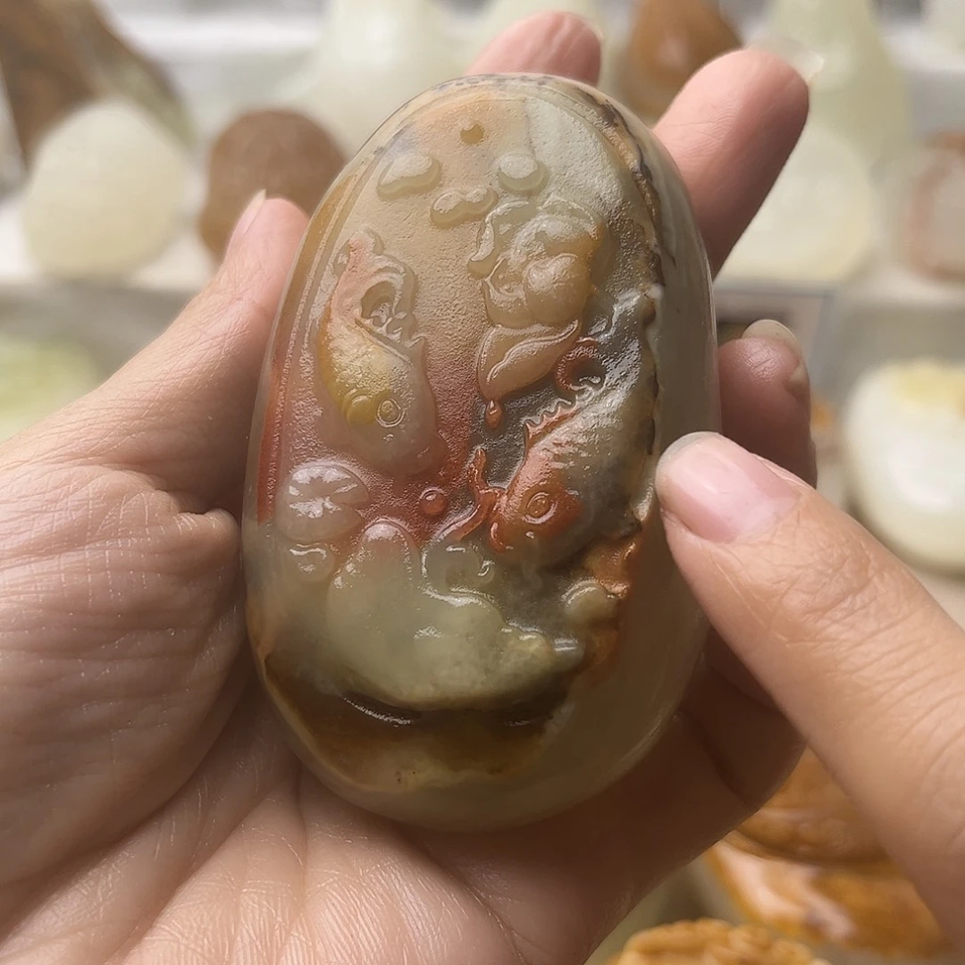 石材方解石手把摆件不退换鱼