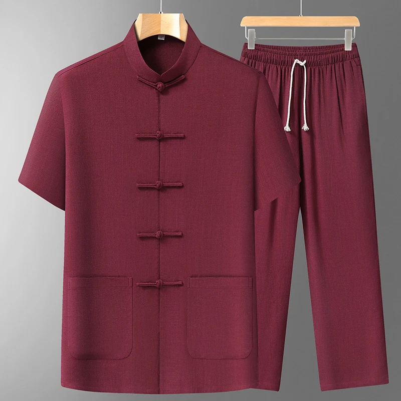 夏季新款唐装男士中老年生日宴会套装短袖国潮男士爸爸装中式半袖
