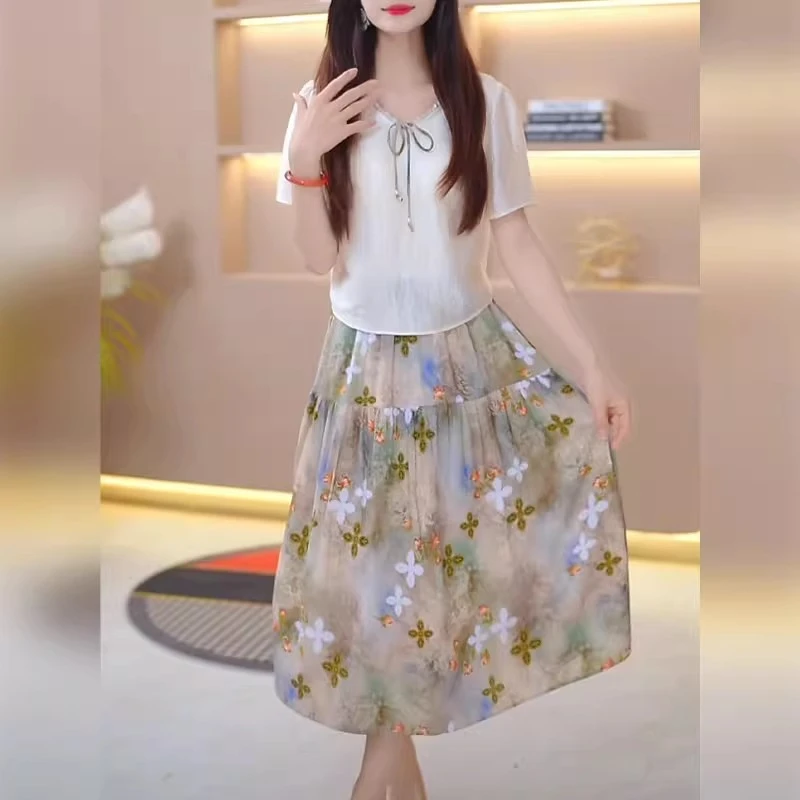 中年女士夏季假两件连衣裙2025新款减龄穿搭中国风拼接印花a字裙