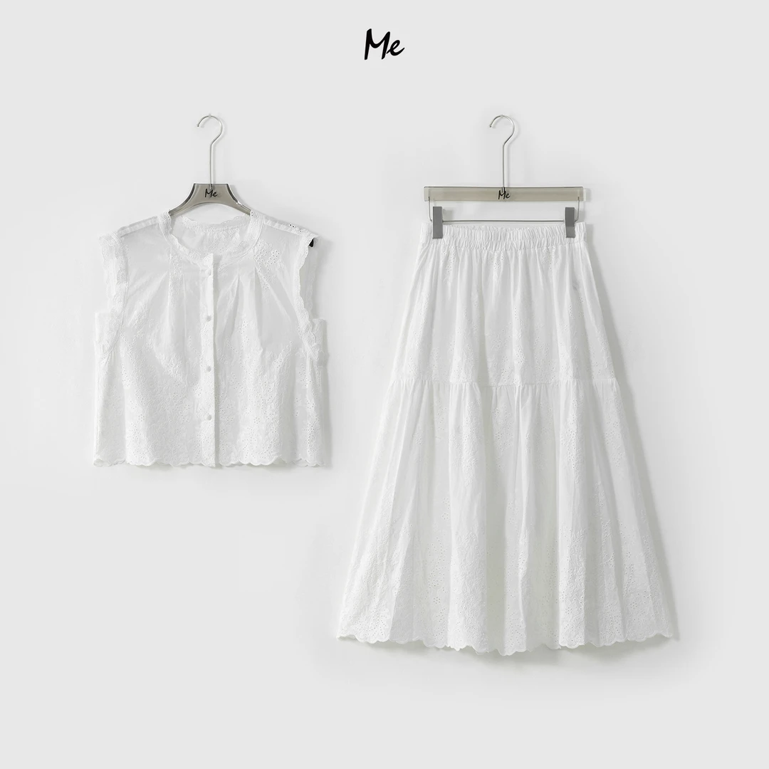 ME【白山茶刺绣套装】100棉刺绣镂空透气显瘦时尚休闲套装MESS5649