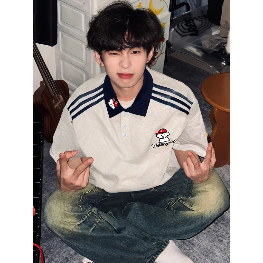 美式polo衫小众刺绣款卡通纯棉条纹短袖夏季男女休闲百搭Polo翻领