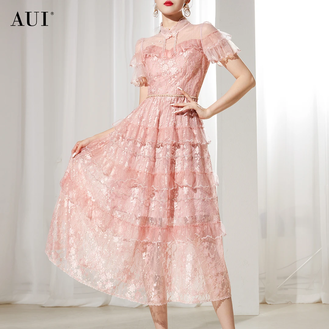 【AUI】AUI新中式立领旗袍连衣裙收腰a字网纱长裙LD-24X014077