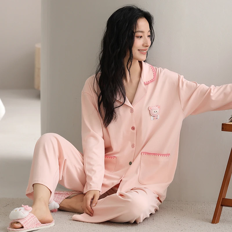 秋冬长袖高支紧密精梳棉开衫翻领女士纯棉睡衣家居服套装