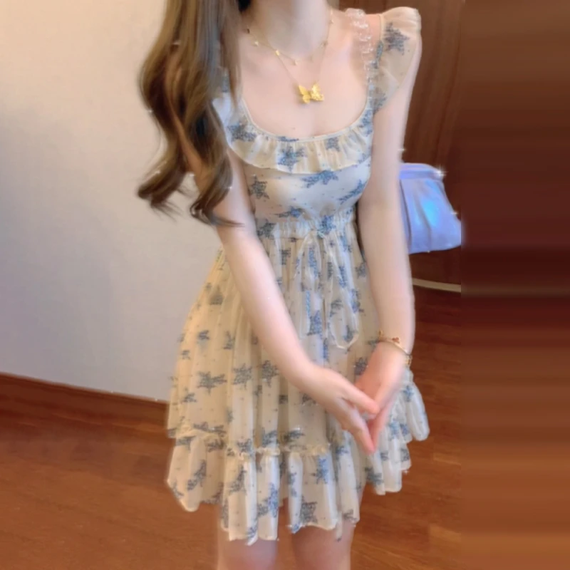 4089法式小飞袖吊带碎花连衣裙女夏季新款气质显瘦甜美公主蓬蓬裙