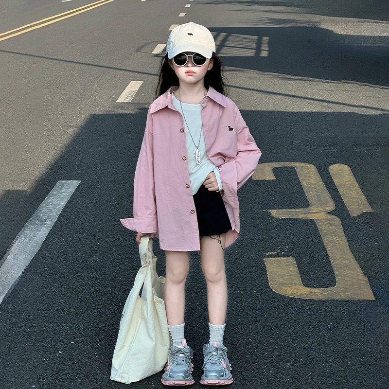 女童长袖上衣2025新款女孩春秋洋气时髦粉色衬衫儿童韩版休闲外套