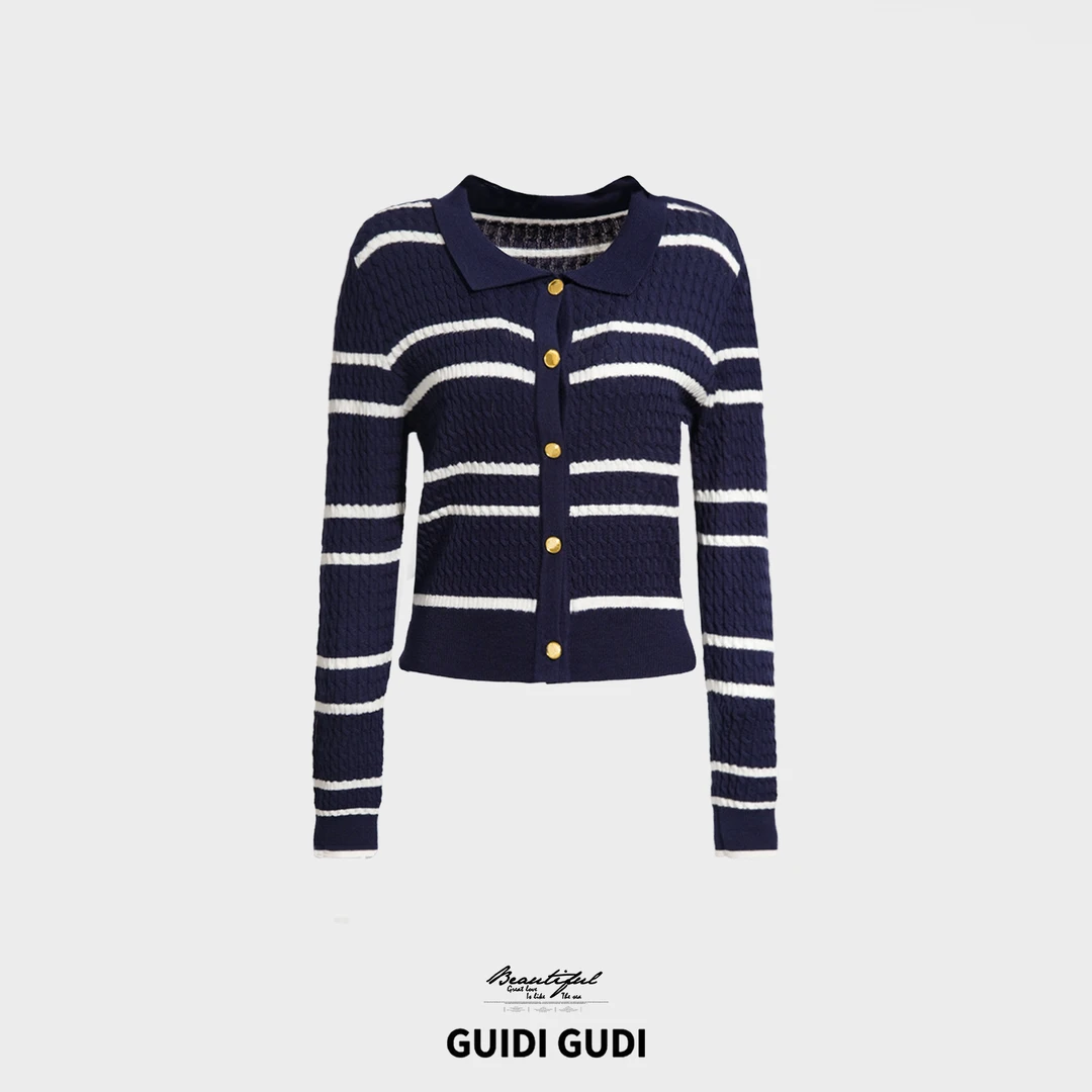 GUIDI GUDI【重楼】羊毛气质条纹长袖开衫外套/黄加蓝