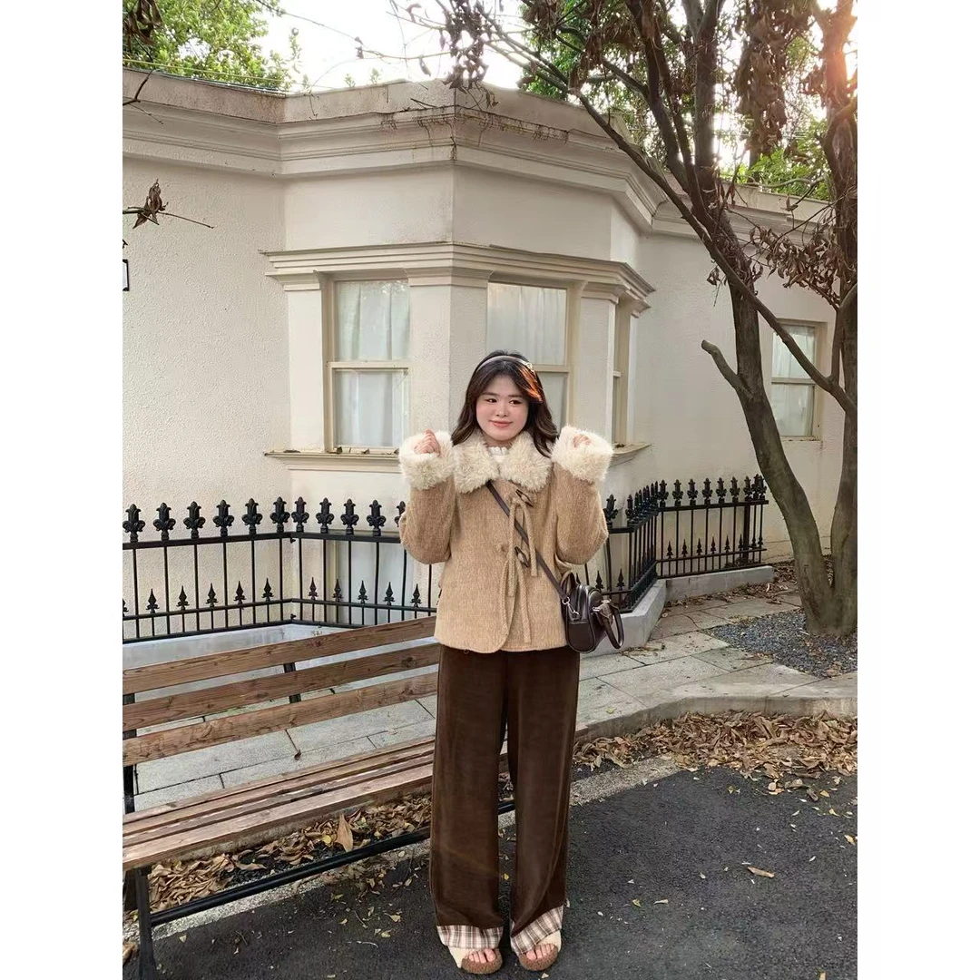 【甜简简】微胖复古棕色直筒阔腿裤女秋季新款显瘦百搭胖mm休闲长裤