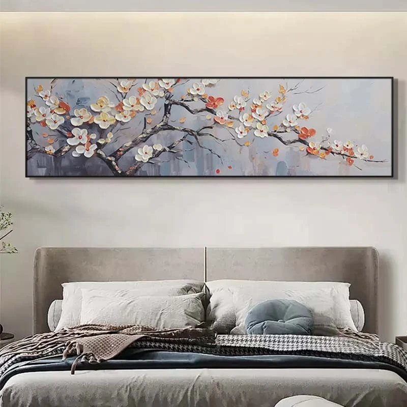 砂岩厚油肌理油画立体实物装饰画 卧室房间床头花开富贵花40150