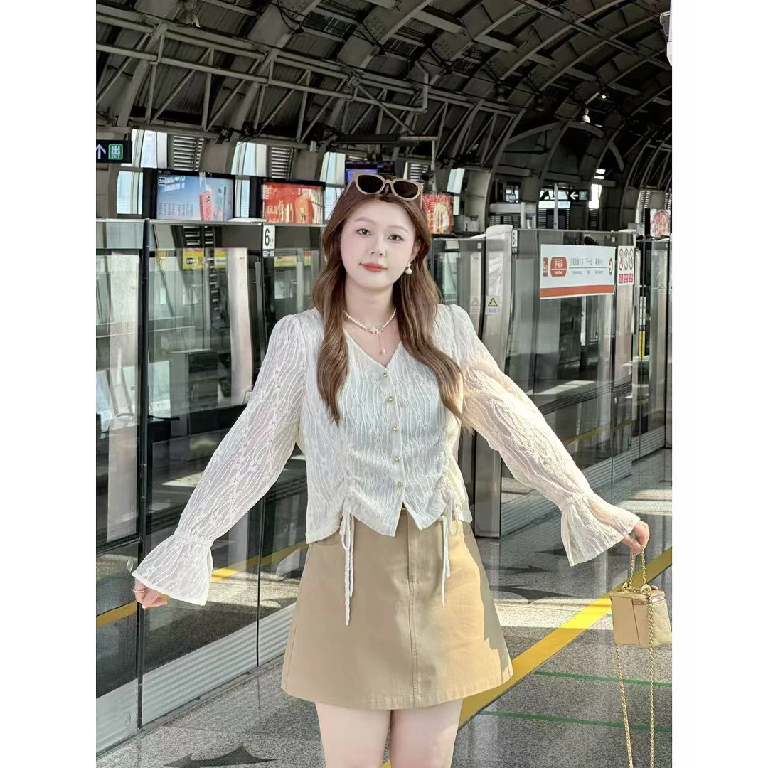 楠序迪迪微胖女装2025秋季新款显瘦气质V领时尚小衫上衣女DD10969