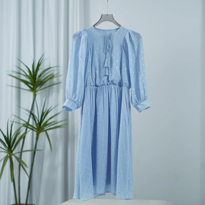 LI丽系列  Y221-1 女装休闲春款气质简约系带连衣裙蓝色C7E144011