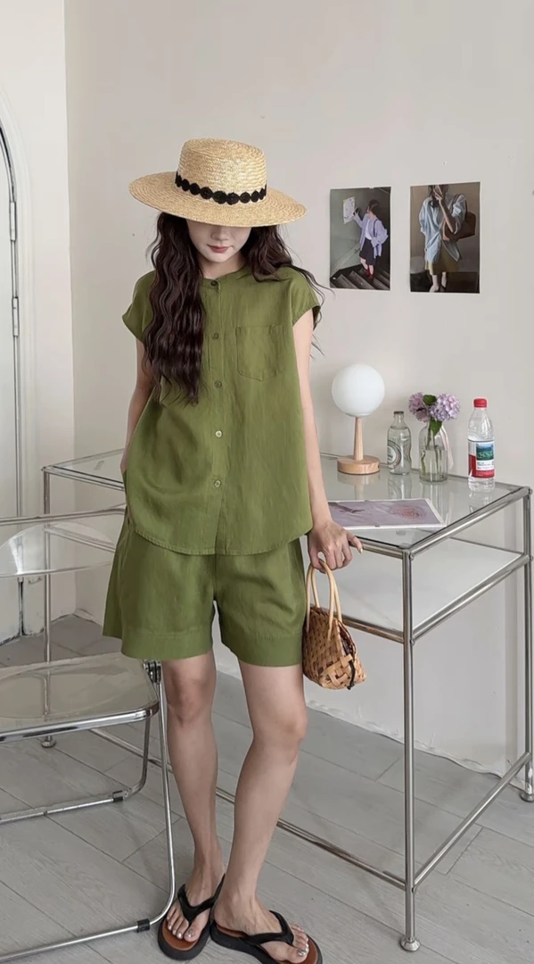 【桃喜】夏季【富贵一身麻】天丝亚麻短裤套装