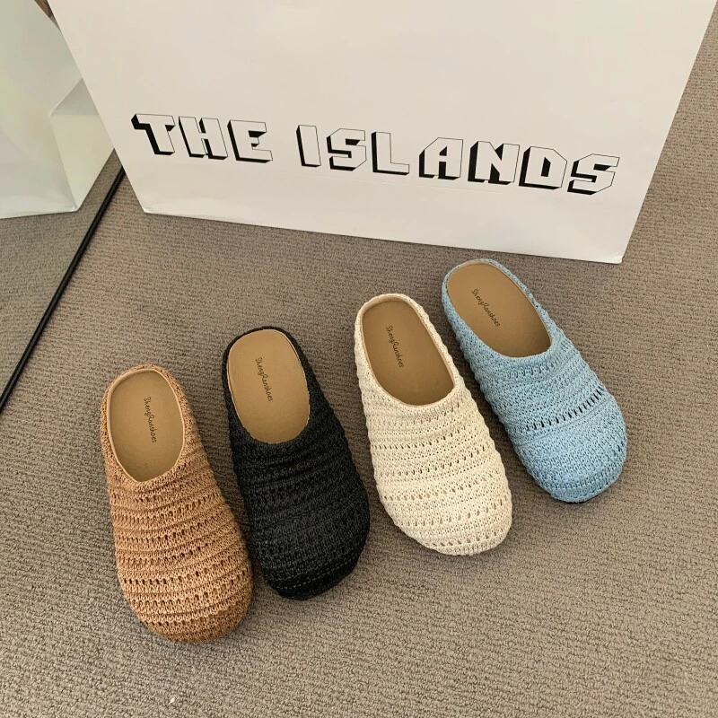 法式小众手工编织镂空透气包头半拖鞋女2025夏外穿罗马风穆勒鞋子