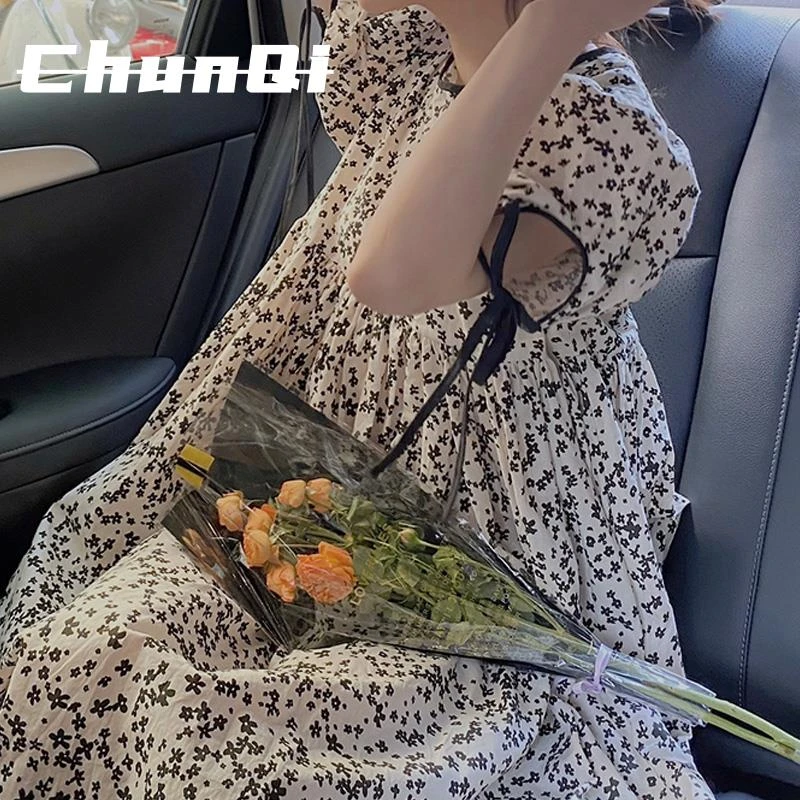 淳启大码女装胖妹妹夏季宽松腰减龄显瘦黑色碎花雪纺连衣裙斤