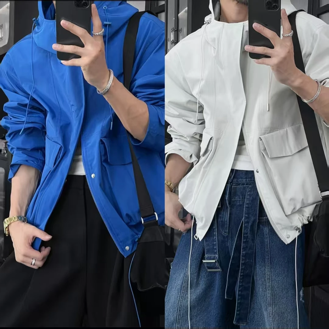 宽松纯色秋季韩版工装夹克免烫连帽男春秋拼接长袖休闲外套薄款