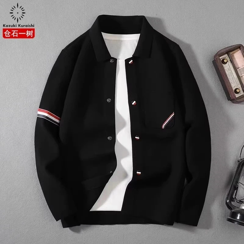 仓石一树韩版简约百搭潮流春秋开衫毛衣男士休闲宽松翻领针织外套