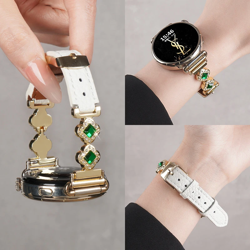 适用华为GT6手表带满钻四叶草真皮腕带6pro运动watch5智能GT5/4女