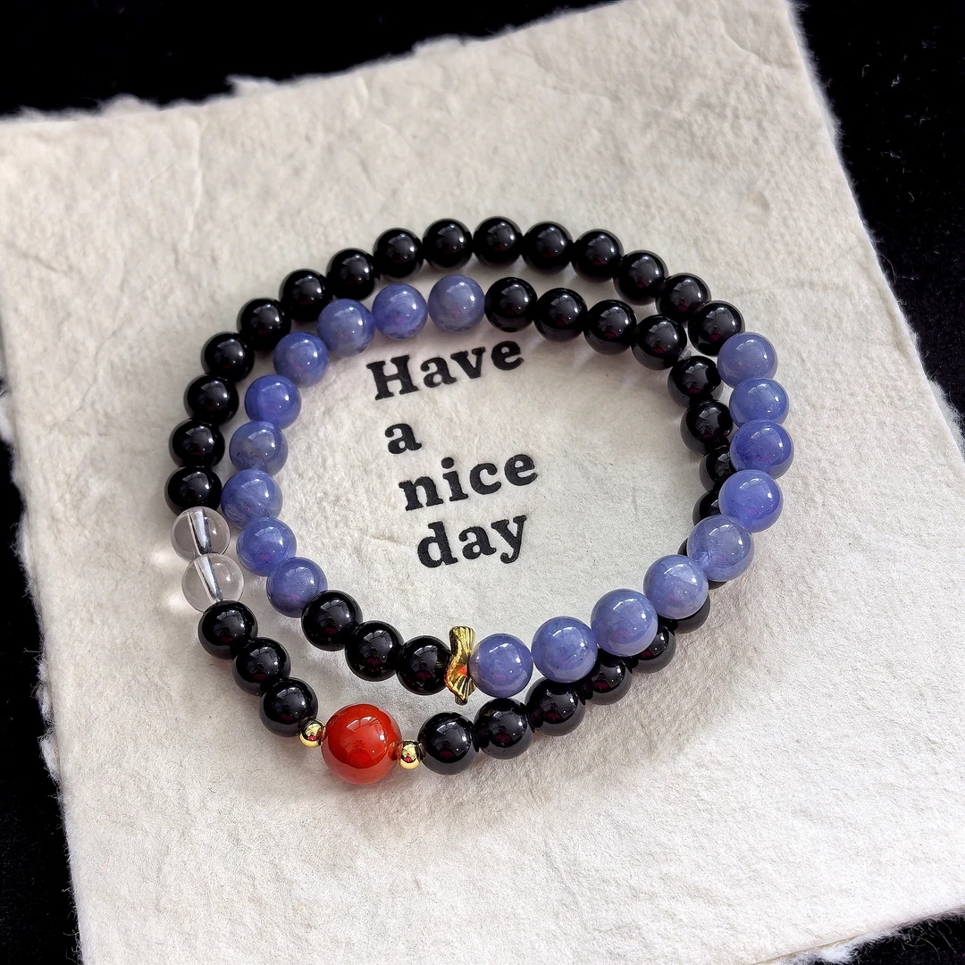 《曜影》天然 卡6-7咪 黑曜石 坦桑 白水 双圈 原创手串