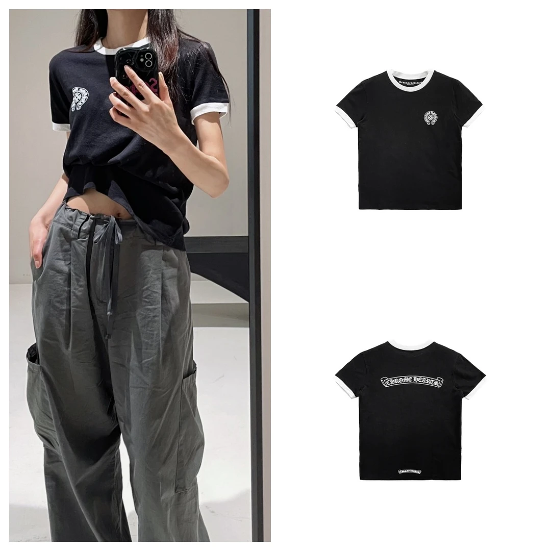 Chrome Hearts/克罗心小马蹄卷轴拼色复古短袖 黑色
