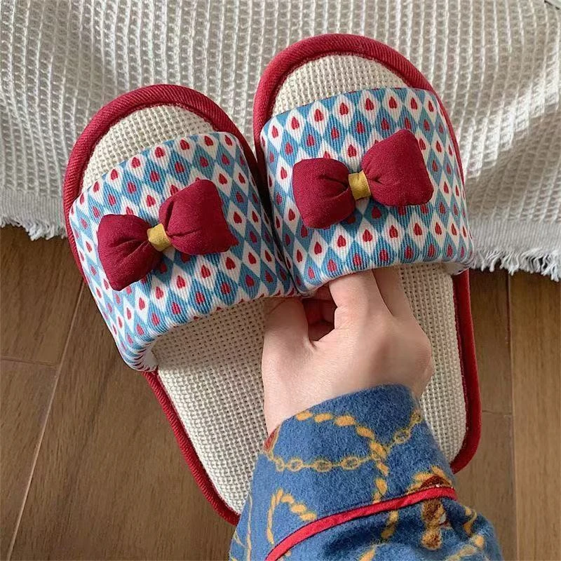 居家甜美蝴蝶结棉麻凉拖女春夏仙女风卧室防滑软底亚麻拖鞋四季TL