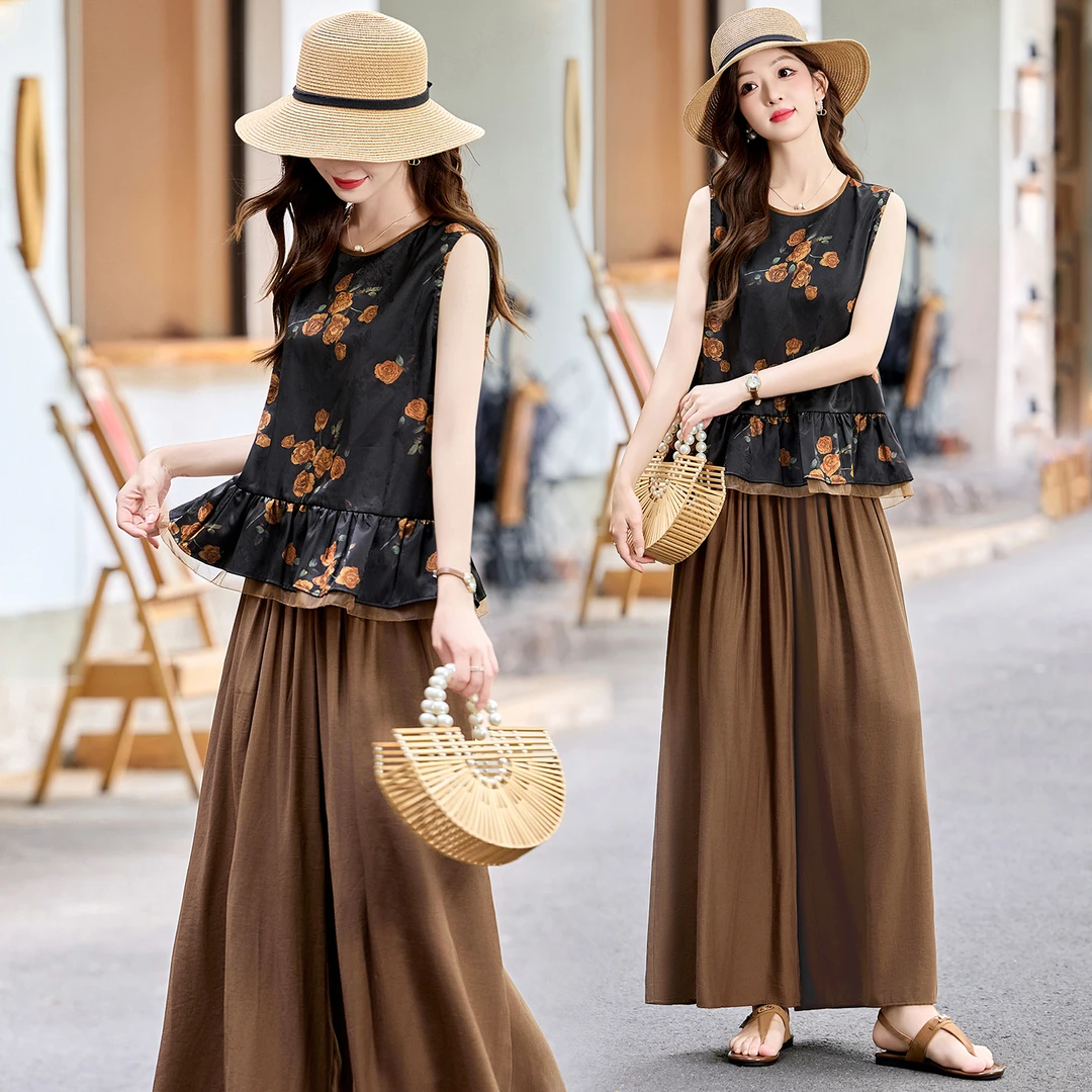 复古印花无袖气质套装女2025夏季新款高级感时尚减龄阔腿裤两件套