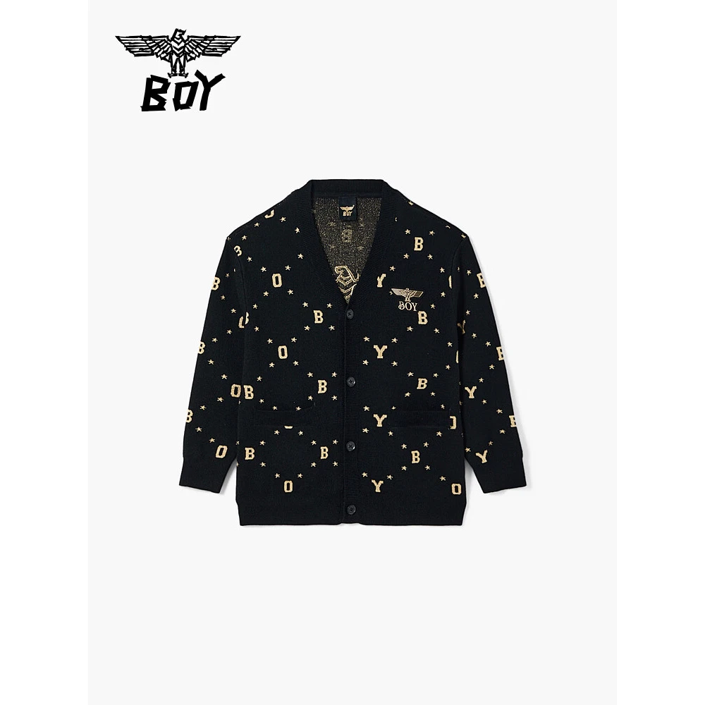 BOYJUNIOR童装25儿童潮牌毛衣老花V领菱格洋气时尚开衫男女童