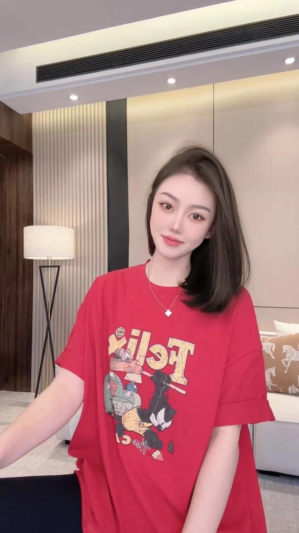 猫和老鼠 时尚休闲夏季红色宽松印花圆领重工T恤