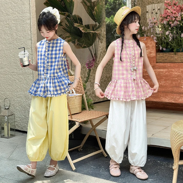 女童简约洋气儿童夏季格子花边无袖女孩套装2025中大童5-12岁15岁
