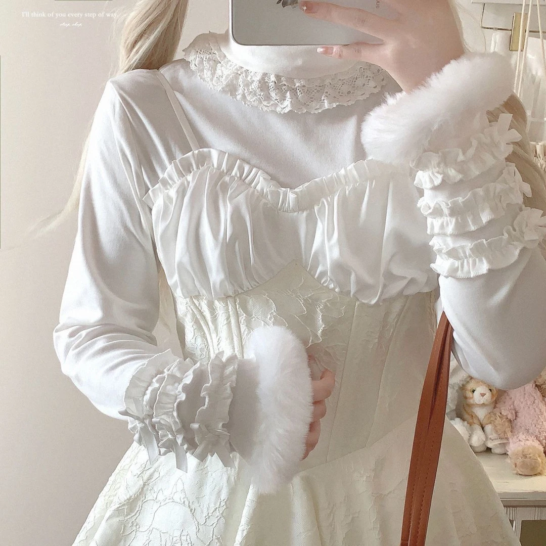 高领可爱毛毛蝴蝶结长袖德绒打底保暖秋冬新款显瘦小众内搭上衣潮