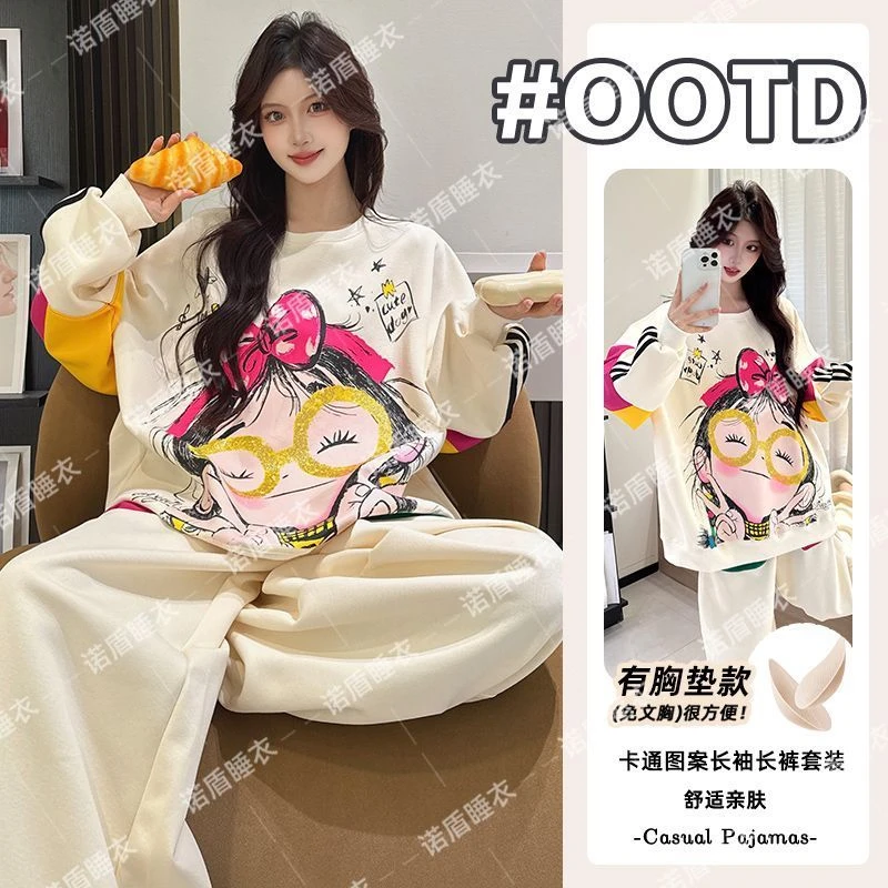 睡衣女纯棉100%全棉秋冬带胸垫一体式可外穿女孩卡通家居服套装