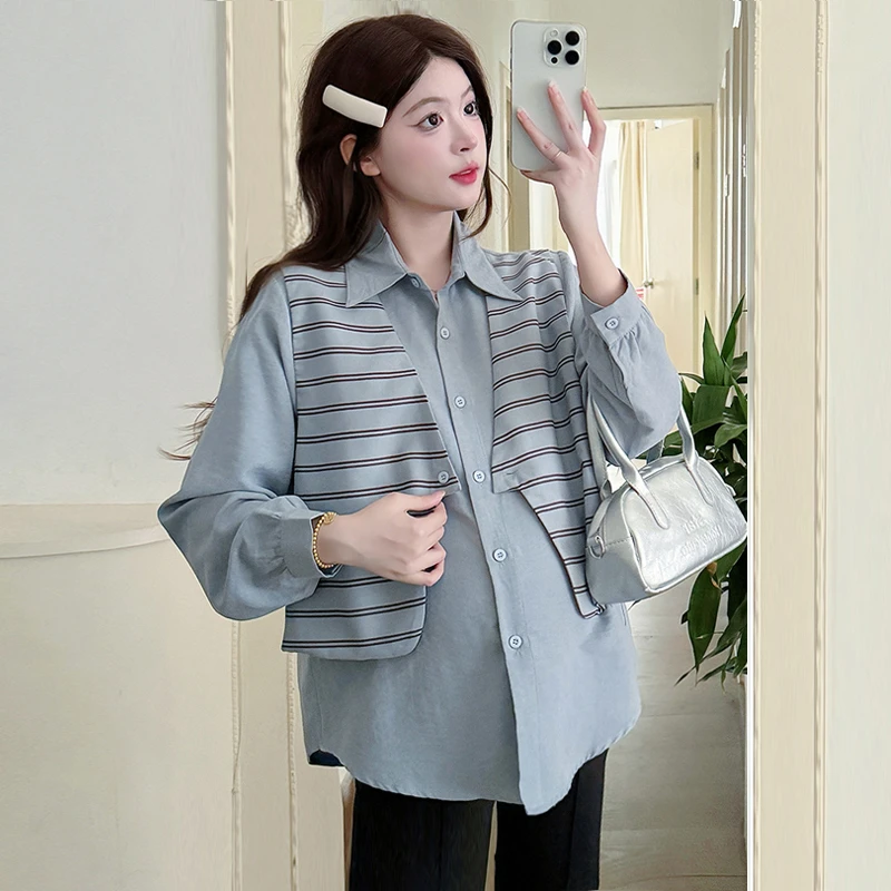 【伊伊】孕妇装2025春装新款衬衣时尚翻领假两件衬衫可开扣条纹衬衫
