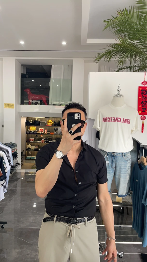 WMHMPH 男士纯黑色韩版修身短袖衬衫